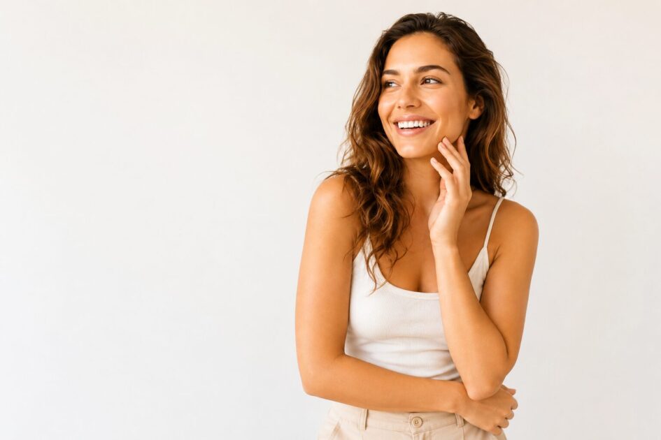 Woman with glowing skin representing collagen support for healthy skin, hair, and nails.